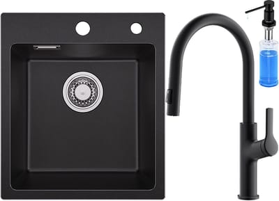 SOFETIY MAX Granieten spoelbakken 40*45cm - Spoelbak Keuken Met Keukenkraan Met Uittrekbare Uitloop en Zeepdispenser 300ML - Gootsteen Met Waterafvoersysteem - Wasbak Keuken - Zwart