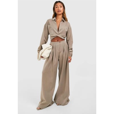 boohoo Dames Low Rise Extreme Wijde Gepleegde Broek | Taupe | Maat: 14