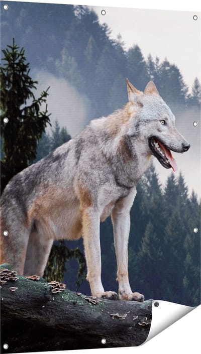 Gards Tuinposter Grijze Wolf in de Bossen - 80x120 cm - Tuindoek - Tuindecoratie - Wanddecoratie buiten - Tuinschilderij