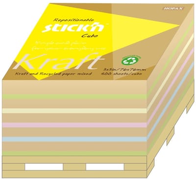 Stick'n Kubus - Sticky Notes - Kraft - 76 x 76 mm - Miniatuur Pallet - 400 Memoblaadjes - Verschillende Kleuren