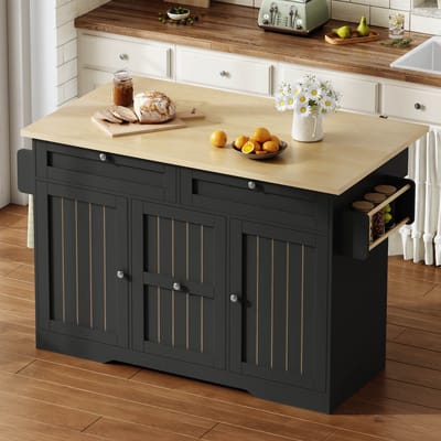 OKWISH Keukeneiland – Uitklapbaar Werkblad – 120x45x92 cm – 4 Laden – Opbergruimte en Wielen – MDF Zwart