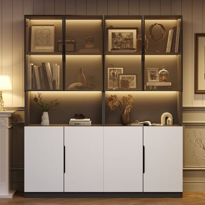 Wishdor Vitrinekast Met Glazen Deuren - Ledverlichting Met Appbediening - Spaanplaat - Wit Met Zwarte Details - 160 X 30 X 200 Cm