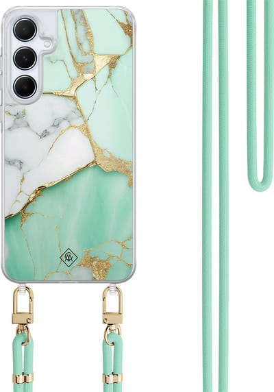 Casimoda® hoesje met koord - Geschikt voor Samsung A55 - Marmer Mintgroen - Afneembaar koord - TPU/polycarbonaat - Mint