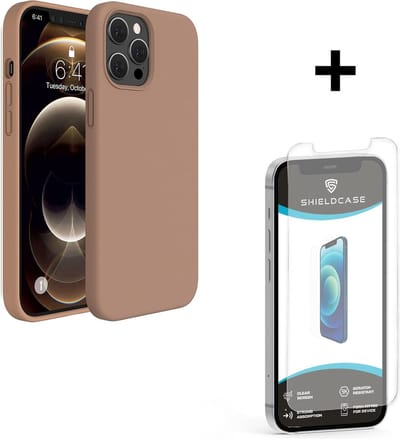 ShieldCase Silicone case geschikt voor Apple iPhone 12 / 12 Pro - optimale bescherming - siliconen hoesje - backcover - lichtbruin + glazen Screen Protector
