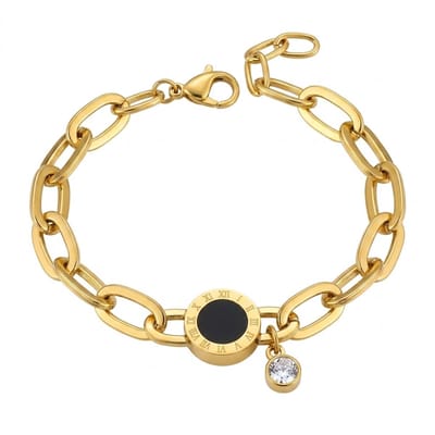 Goudkleurige schakel armband voor dames – armband met zwarte hanger en steen – verstelbare armband van staal