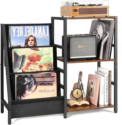 Thuys – Platenspeler Meubel – Stand Standaard Met Vinyl Opbergvakken – Rustieke Platenopbergkasthouder – Voor 200 albums – Draaitafelstandaard – Zwarte Bijzettafel