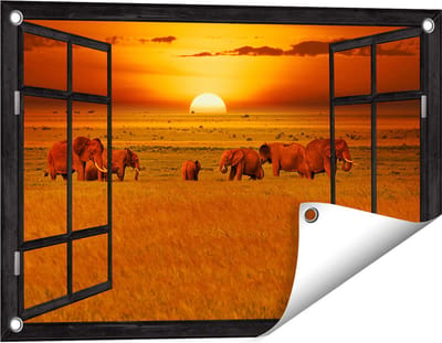 Gards Tuinposter Doorkijk Olifanten in het Wild - Zonsondergang - 60x40 cm - Tuindoek - Tuindecoratie - Wanddecoratie buiten - Tuinschilderij