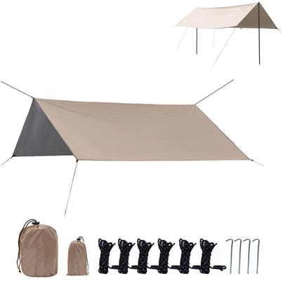 KZQ Draagbaar waterdicht zonnescherm met opbergtas SPF 300x300 cm lichtgewicht camping tarp luifel voor 3-4 personen wandelaars kaki