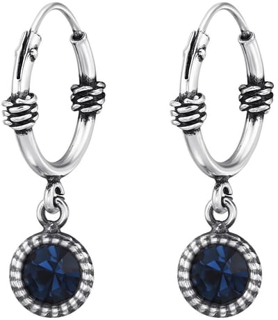Joy|S - Zilveren Bali oorringen - 12 mm - geoxideerd - ronde bedel met donker blauw kristal - sterling zilver 925