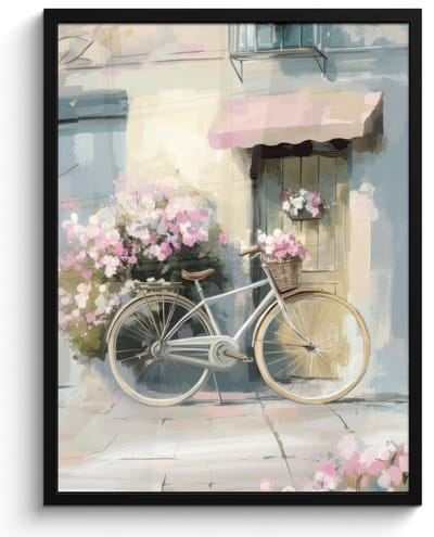 Poster in lijst - Fotolijst 50x70 cm - Posters - Fiets - Pastelkleuren - Bloemen - Posterlijst zwart - Decoratie - Wanddecoratie woonkamer - Muurdecoratie slaapkamer