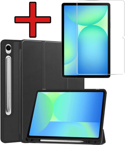 Hoesje - Geschikt voor Samsung Galaxy Tab S10 Lite - Met Screenprotector - Trifold Bookcase Hoes - Hard Cover Case - Met Uitsparing Geschikt voor S Pen - Hardcover Book - Tablethoes - Zwart
