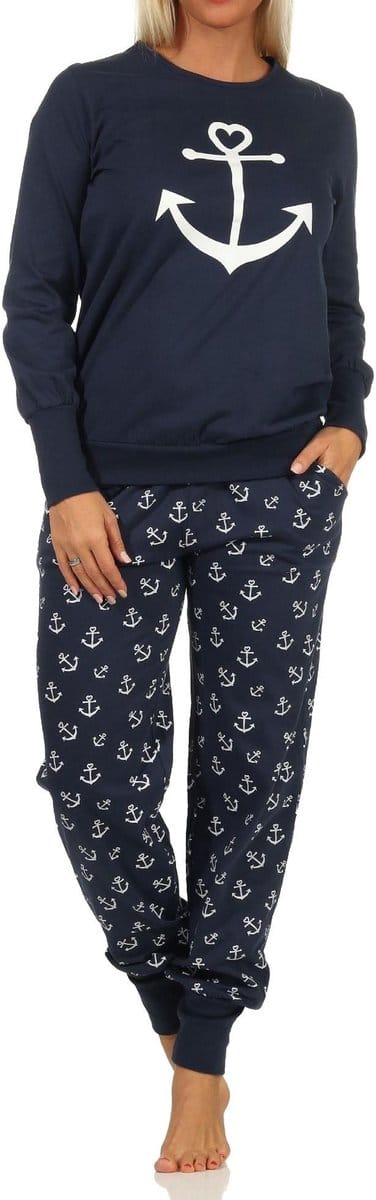 Damespyjama met manchetten in maritieme look met ankermotief -212 90 910