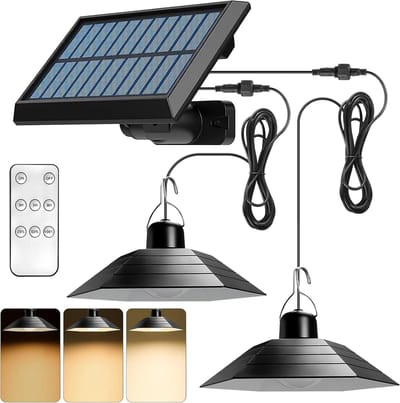 Universele solarlampen voor binnen en buiten, solarlampen met afstandsbediening, IP65 solar LED hanglampen, solarlampen voor buiten met 3 meter kabel, solar hanglampen met dubbele kop.