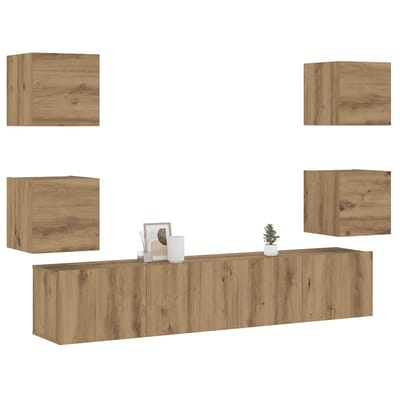 vidaXL - Tv-wandkasten - 6 - st - bewerkt - hout - artisanaal - eikenkleurig