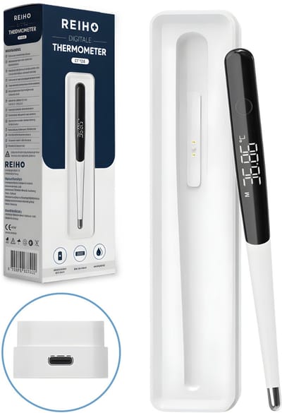 Reiho® Thermometer Lichaam – Koorts – Koortsthermometer voor Volwassenen & Kinderen – USB-C Oplaadbaar – Oraal - Oksel - Rectaal – Inclusief Oplaad- & Opbergcase