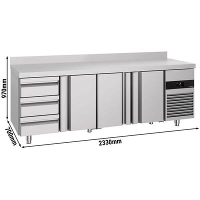 GGM Gastro Kühltisch PREMIUM - 2330x700mm - mit 3 Türen - 3 Schubladen - mit Aufkantung