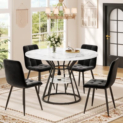 Eetkamerset - 100x100x76 cm - ronde marmerlook tafel + 4 zwarte fluwelen stoelen - modern set - MDF+fluweel - zwart