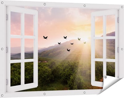 Gards Tuinposter Doorkijk Silhouet Zwerm Vogels bij Zonsondergang - 120x80 cm - Tuindoek - Tuindecoratie - Wanddecoratie buiten - Tuinschilderij