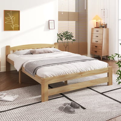 HAUSS SPOLE Houten Bed 140x200 cm - Tweepersoonsbed Met Hoofdbord en Lattenbodem - Zonder Matras - Grenenhout - Natuur