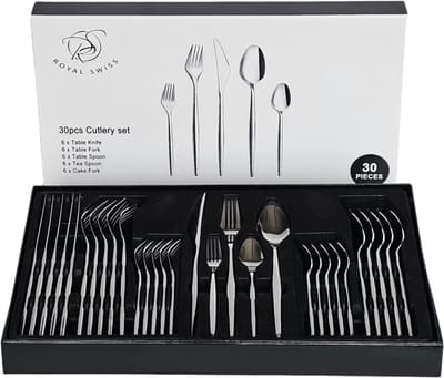 Royal Swiss® Bestekset 30-delig voor 6 Personen – RVS Luxe Bestek Set – Inclusief Tafelmessen, Vorken, Lepels & Theelepels – Duurzaam & Vaatwasserbestendig – Modern Design