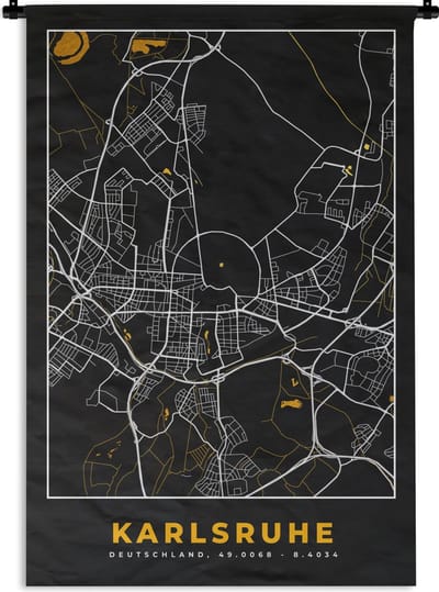 Wandkleed - Wanddoek - Karlsruhe - Goud - Stadskaart - Plattegrond - Kaart - Duitsland - 120x180 cm - Wandtapijt