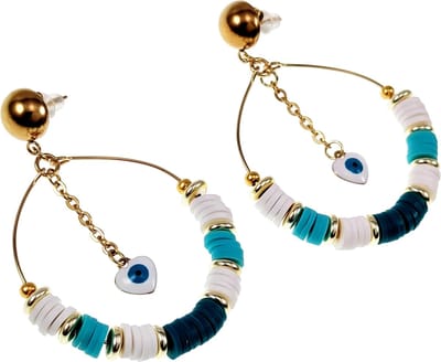 Lange Oorbellen Dames - Verguld Roestvrij Staal - Oorbellen met Turkse Oog Hanger - Witte-Turquoise Oorbellen