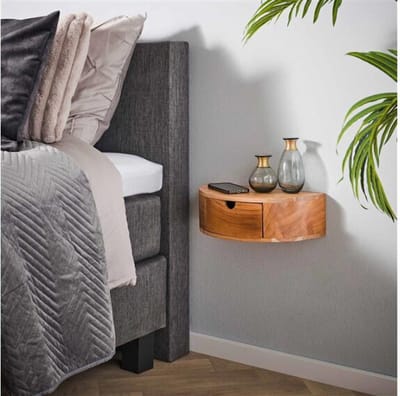 Nachtkastje Curve Zwevend Acaciahout met 1 Lade en Schap - Elegant Rond Design - Wandschap - 40x20x12 cm - Hangend nachtkastje