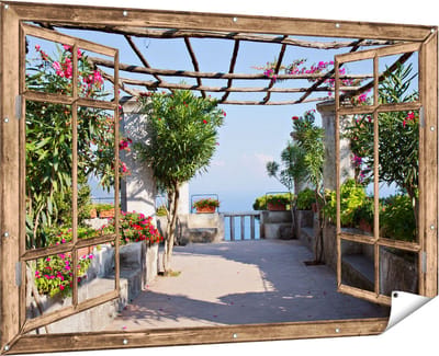 Gards Tuinposter Doorkijk Terras - 180x120 cm - Tuindoek - Tuindecoratie - Wanddecoratie buiten - Tuinschilderij