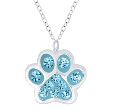 Joy|S - Zilveren kat hond dierenpoot hanger met ketting 36 cm + 5 cm aqua blauw - poot afdruk