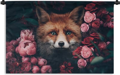 Wandkleed - Wanddoek - Vos - Bloemen - Botanisch - Dieren - 180x120 cm - Wandtapijt