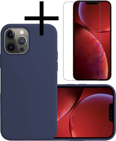 Hoesje - Met Screenprotector - Geschikt voor Apple iPhone 14 Pro - Sterk & Shockproof - Back Cover - Siliconen Case - Telefoon Hoes - Donkerblauw
