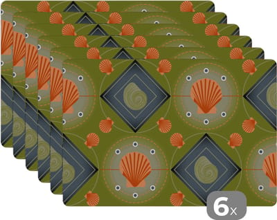 Placemat - Placemats kunststof - Patchwork - Schelpen - Patronen - Zee - Strand - 45x30 cm - 6 stuks - Hittebestendig - Anti-Slip - Onderlegger - Afneembaar