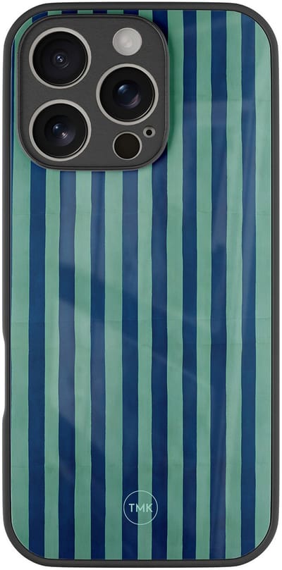 Hoesje geschikt voor Apple iPhone 16 Pro - Blauwe strepen - Blauw - TPU luxe case (glossy toplaag) - Gestreept - Hardcase backcover zwart