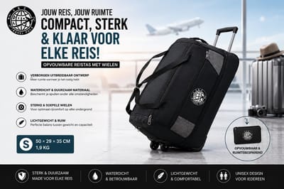 Nieuw! Small Opvouwbare Reistas met Wielen– S-Waterdichte Trolley Reistas–Compacte Reis Tas Handbagage–Opvouwbaar & Ruimtebesparend Sterke Wielen Weekendtas Vakantie Sporttas–E&E Travel Pack–Ideaal voor Vliegtuig & Auto-Zomer-Vakantie-Auto-Reizen2026