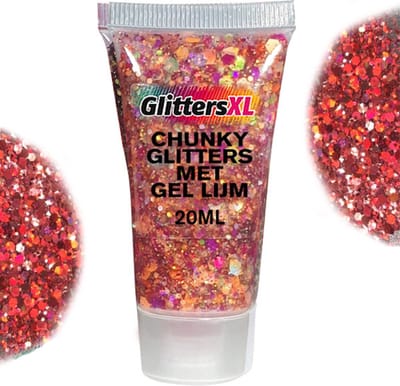 Chunky Glitters met Gel Lijm Tube (Paars/Rood) [Volume 20ML - Festival Jewels Glitter Outfit Lichaam en Gezicht - Make-up Diamond Dots Face Body - Diamantjes Strass Steentjes - Kinderen Volwassenen Dames Makeup Tattoo Mastix Schmink]