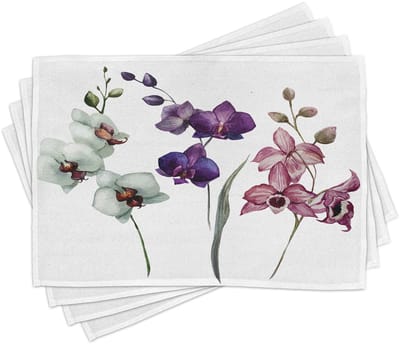 ABAKUHAUS Aquarel-placemats, mooie orchideeën in drie kleuren, bloeiend thema rondom, tafeldecoratie van kleurvast stof voor de eetkamer en de keuken, gedroogde rozen in paars en crème