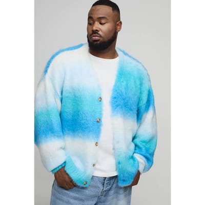 Plus Boxy Oversized Brushed Stripe Knitted Cardigan | Blue | Size 2XL