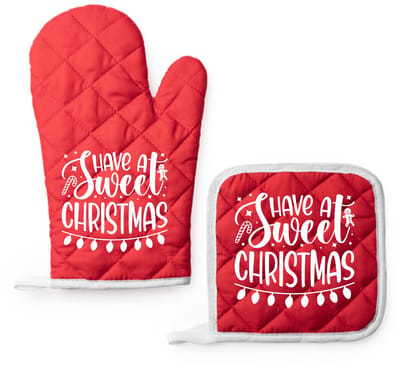 EIZOOK Kerst Kookset – Rode Ovenwant en Pannenlap met Speelse Tekst Print - HAVE A SWEET CHRISTMAS