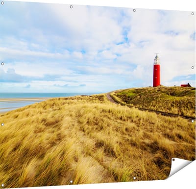 Gards Tuinposter Vuurtoren met Duinen in Texel - 150x120 cm - Tuindoek - Tuindecoratie - Wanddecoratie buiten - Tuinschilderij