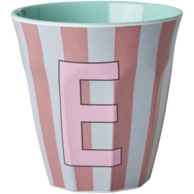 Rice melamine beker medium gestreept letter e, roze