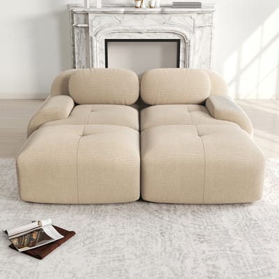 BLACKCOLORS 2-zitsbank van corduroy, modulair met chaise longue, antislip, ergonomische armleuningen en zeer elastische vulling voor woonkamer en slaapkamer, beige