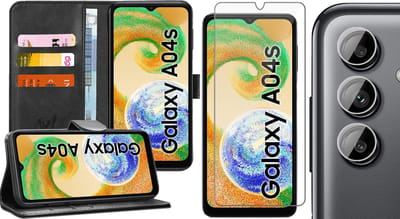 Hoesje geschikt voor Samsung Galaxy A04s / A13 5G - Screenprotector GlassGuard & Camera Lens Screen Protector - Book Case Kunstleer Pasjeshouder Zwart