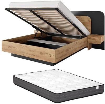 Vente-unique Bed met opbergruimte hout antracietgrijs, natuurlijk licht 160 x 200 cm