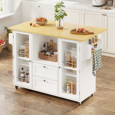 OKWISH Keukeneiland Op Wielen - Met Uitklapbaar Werkblad En Opbergruimte - MDF Naturel Wit - 120 x 45-70 x 92 cm