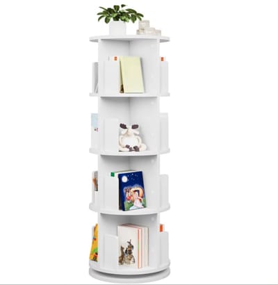 Lilac & Lily Roterende Boekenkast - 4 Niveaus – 360° Draaibare Boekenkast van hout – Opbergkast met 16 Vakken - 44 x 128 cm - Wit