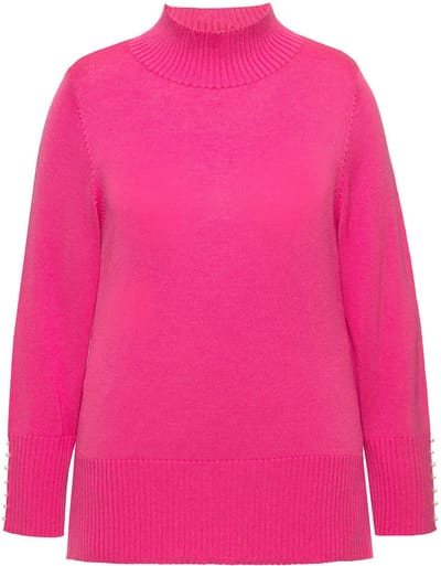 Ulla Popken - Dames - Trui wol-zijdemix opstaande kraag sierkraaltjes - Fuchsiaroze - Maat 42+
