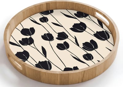 Dienblad rond 40x40 cm - Schootdienblad hout - Tulpen - Patroon - Zwart - Borrelplank rechthoek - Plateau houten dienbladen