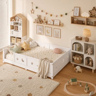 Kinderbed 140x200 cm - Montessori bed - met valbeveiliging en lattenbodem - Tweepersoonsbed - uitgesneden sterren en manen - Vloerbed - Peuterbed - Voor jongens en meisjes - Wit