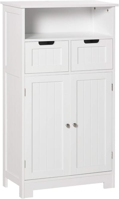 Badkamerkast met 2 deuren, verstelbare plank, 2 lades en open vak, extra opbergmeubel voor woonkamer en keuken, 60x30x108,8 cm, wit
