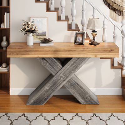 MIVRAY Consoletafel - Smal Met X Vormige Steun - Voor Hal En Woonkamer - Spaanplaat In Natuurlijke Houtlook - 140x30x80 Cm